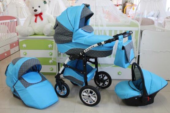 Бебешка количка Monica 3в1; цвят: син/сив